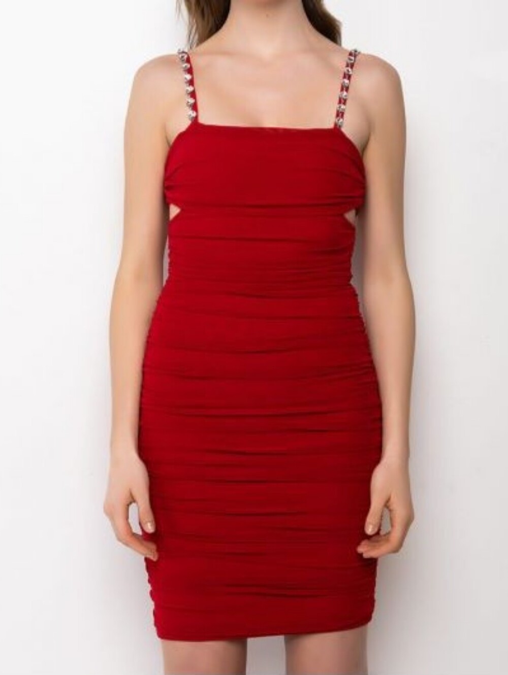 AKIRA Red Ruched Bodycon Dress with Embellished Straps (Small)